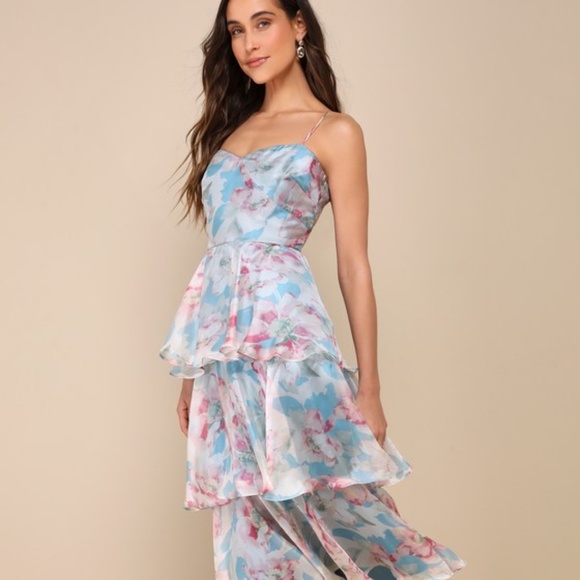 Lulus Darling Aesthetic Light Blue Floral Print Tiered Midi Dress - Size S - Picture 1 of 1